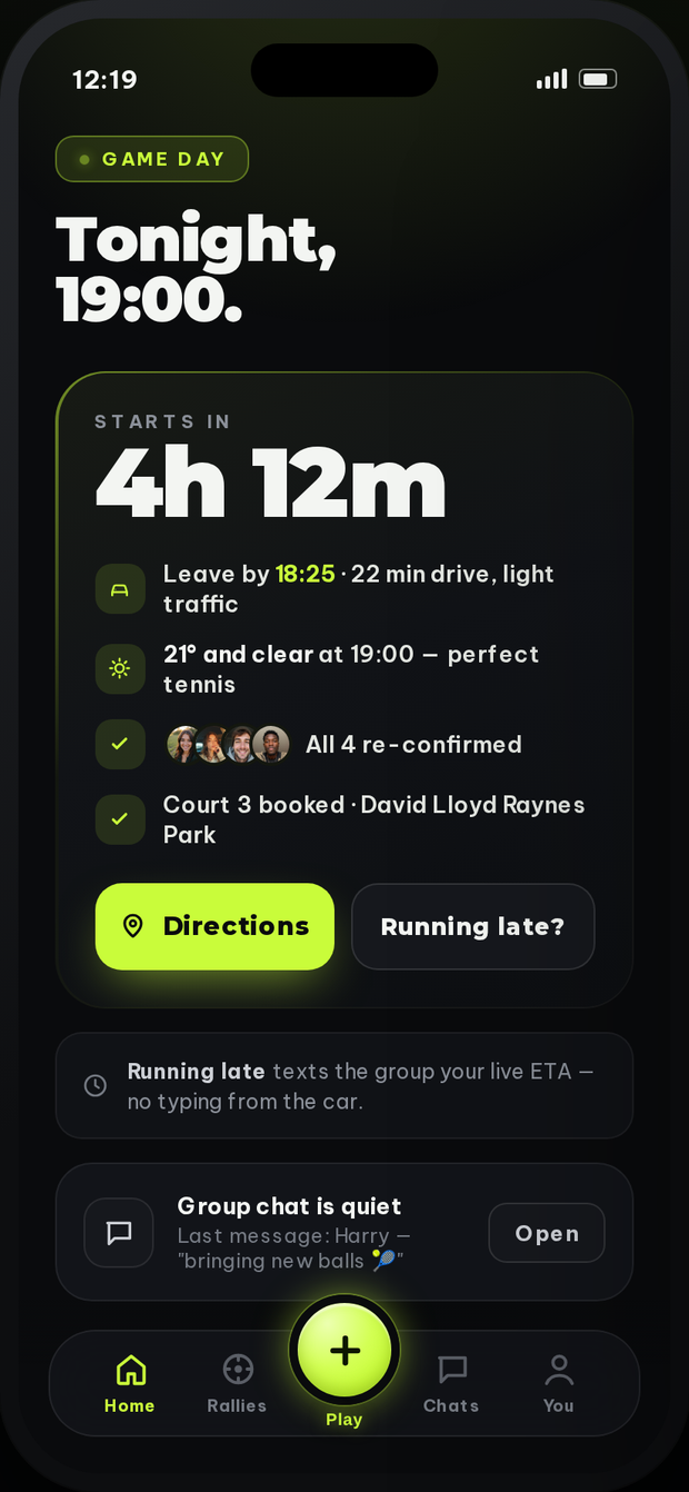 Game day screen - countdown, leave-by time, court booked